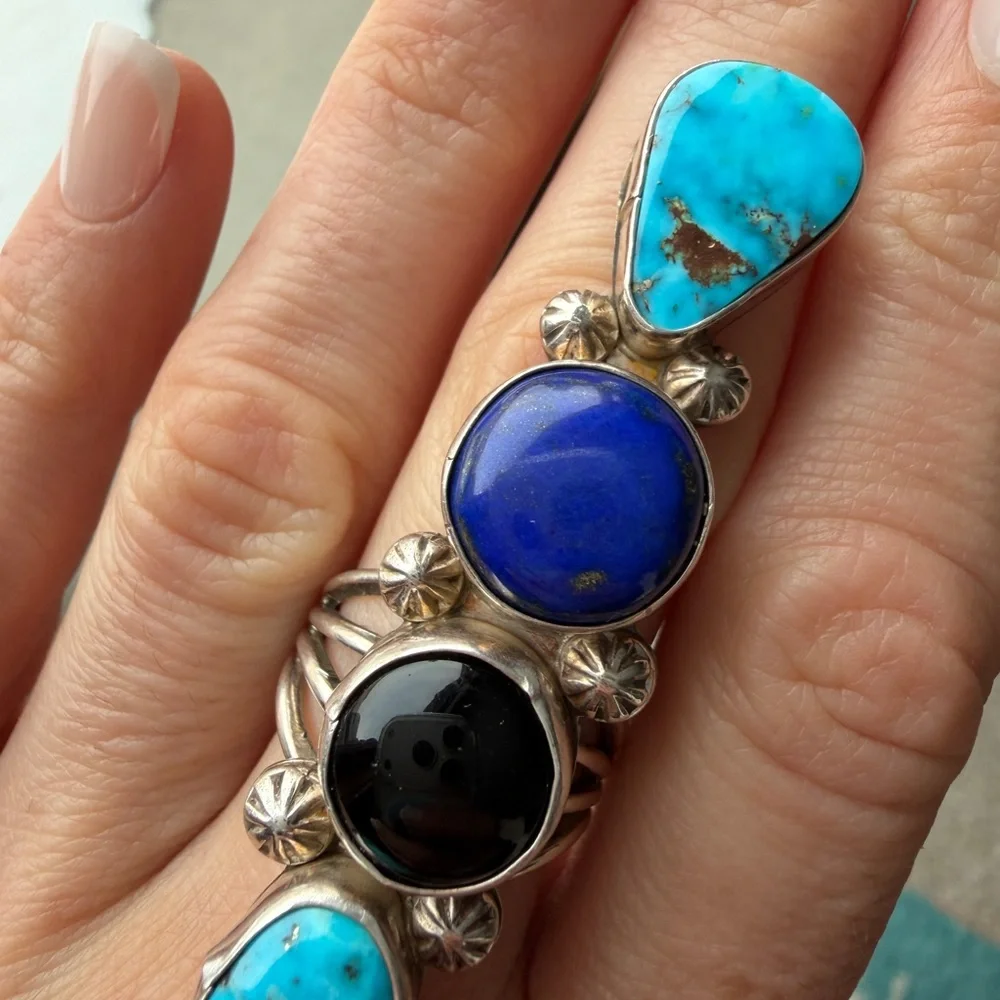 Sterling Silver Turquoise, Onyx, Lapis, Mother of Pearl Statement Ring